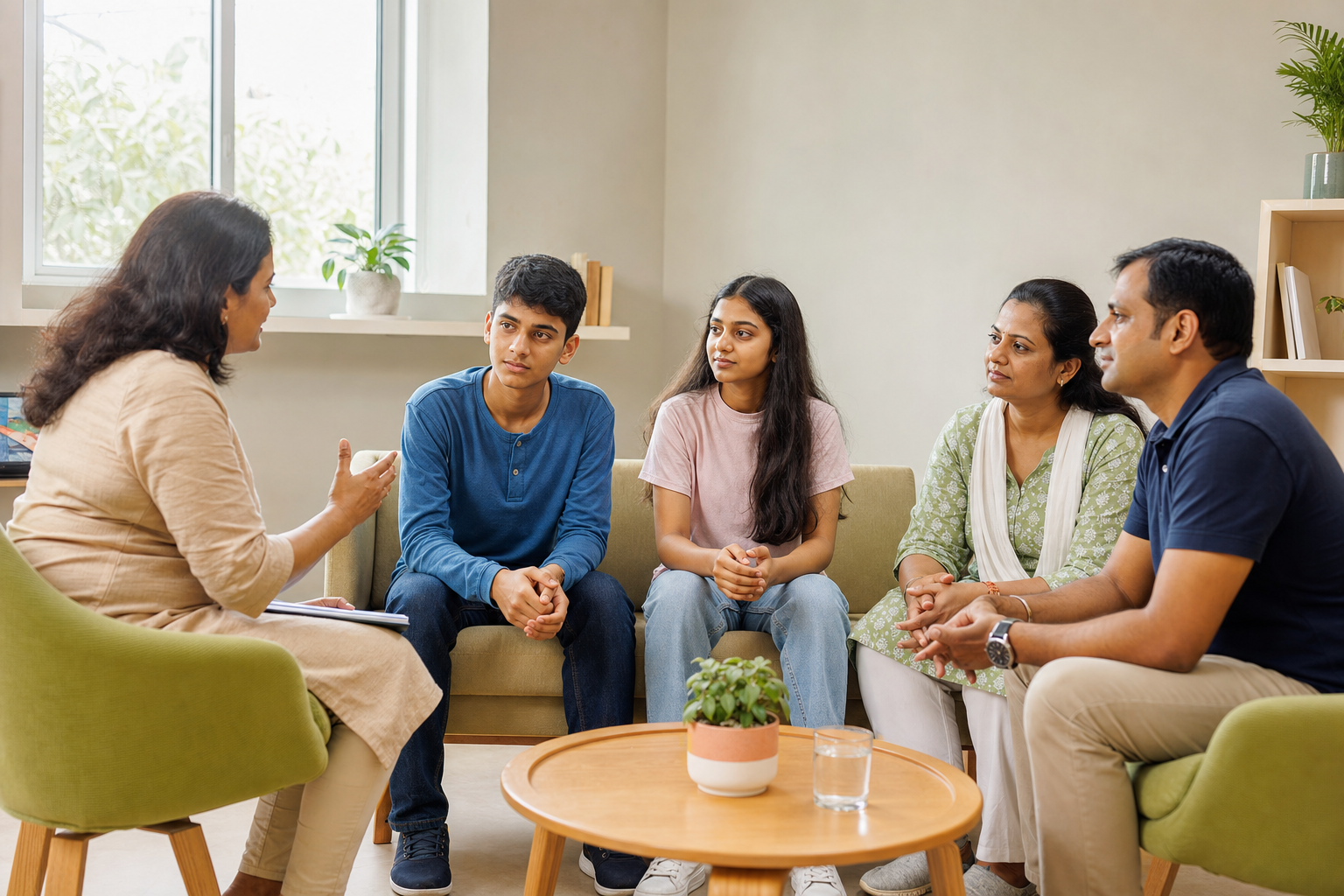 An Indian family discussing education choices with a counsellor