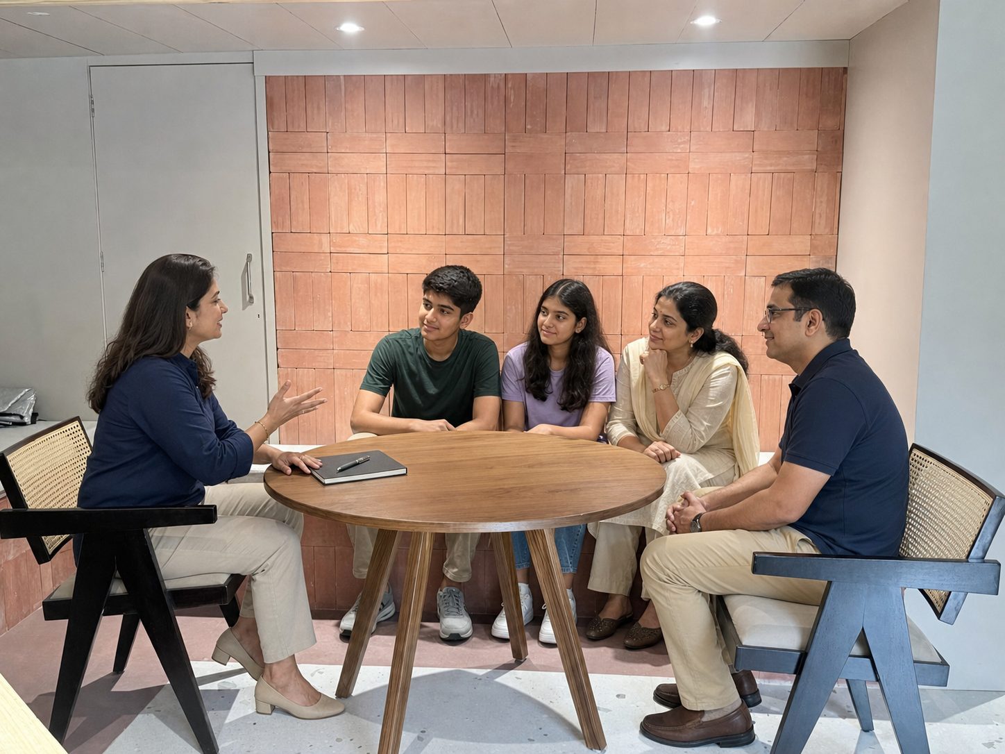 A Rosemounts counsellor in conversation with a family — two teenagers and their parents — around a table