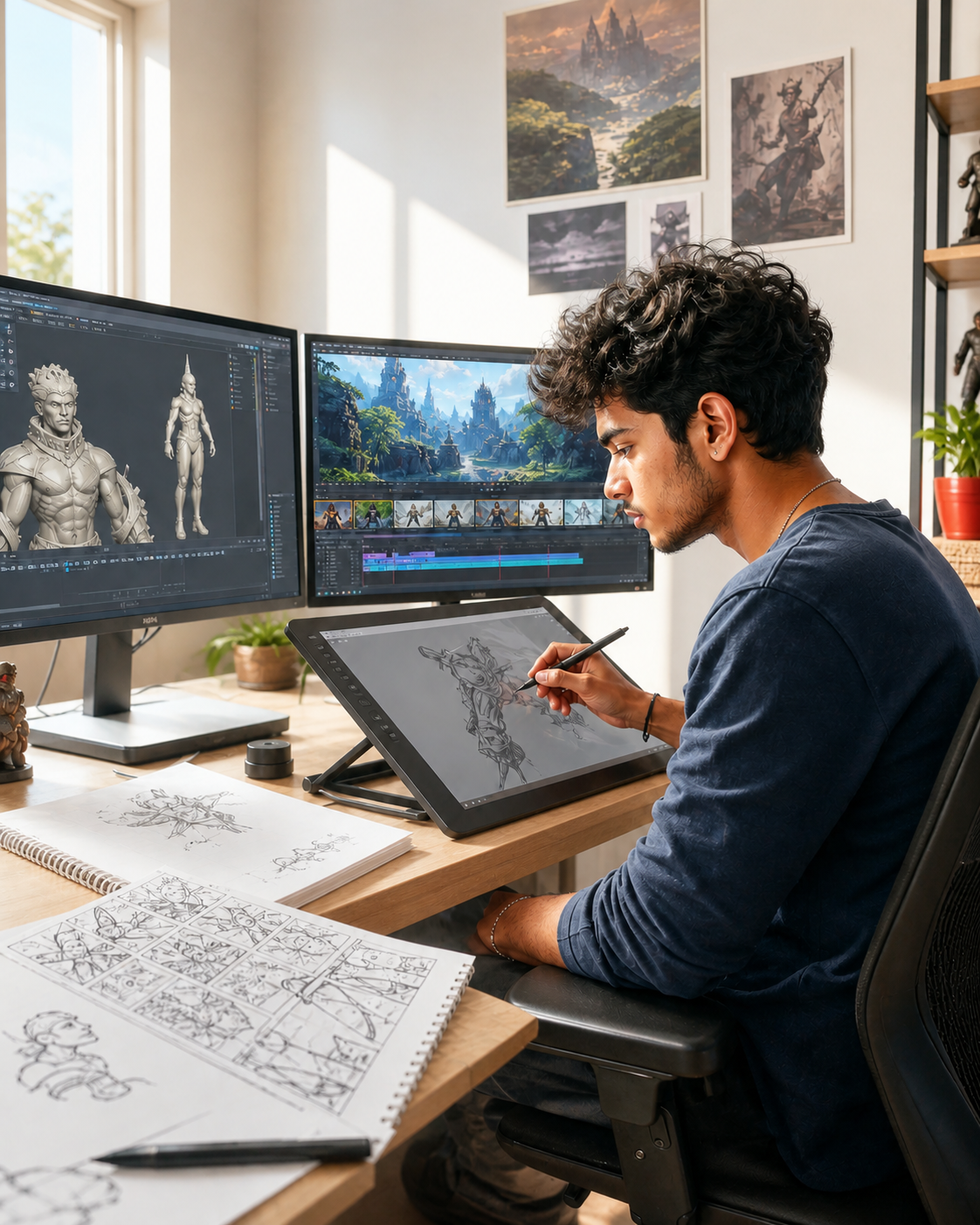 Illustrative editorial image of a young Indian creator working on animation and game-design ideas