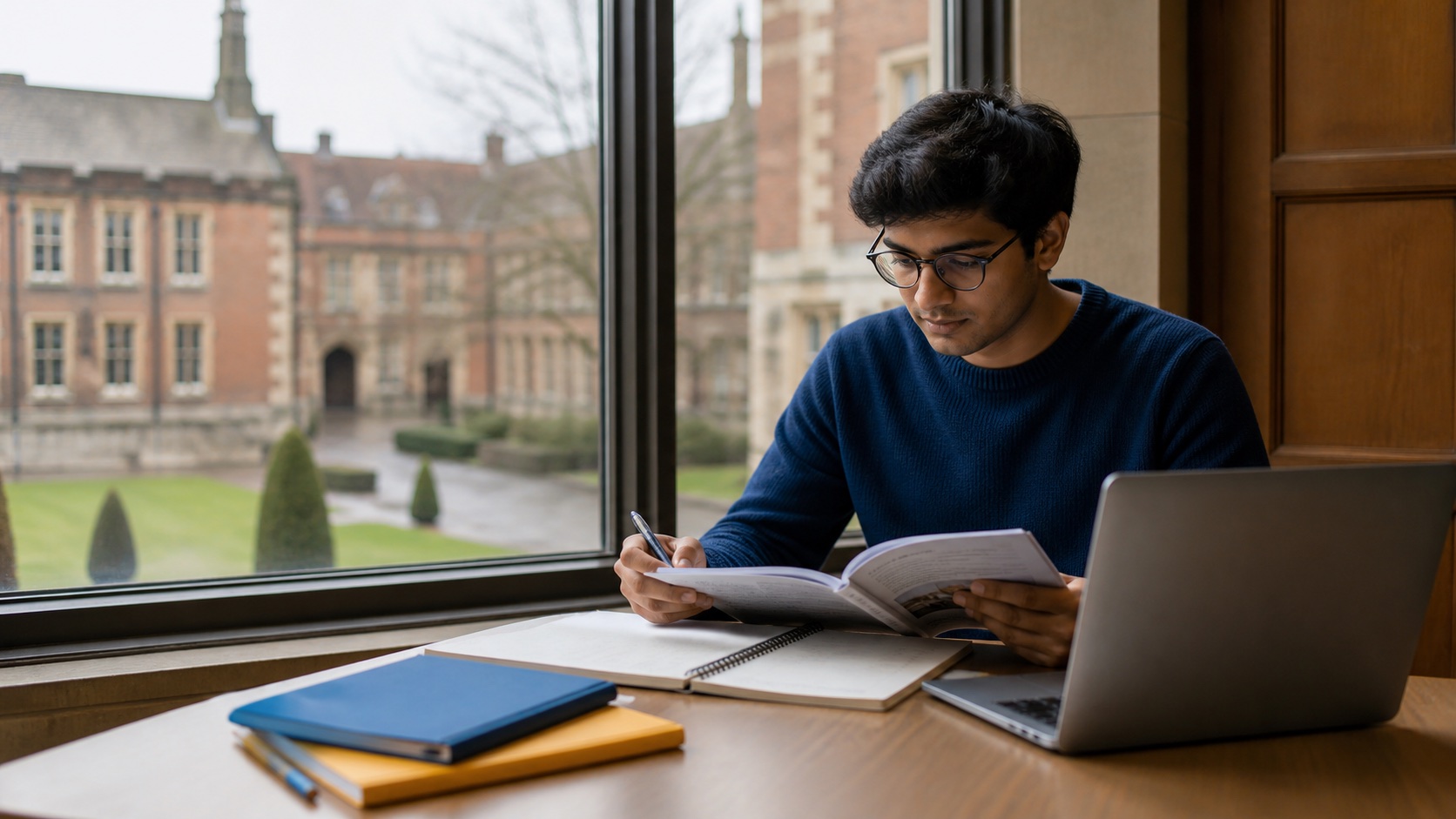 An Indian student researching postgraduate study in the UK at a university desk